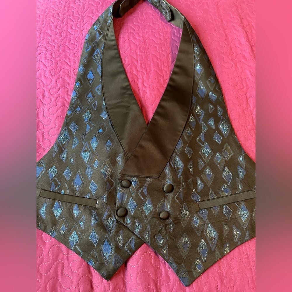 Tux vest , bright blue shimmer triangles size medium faux pockets – adjustable